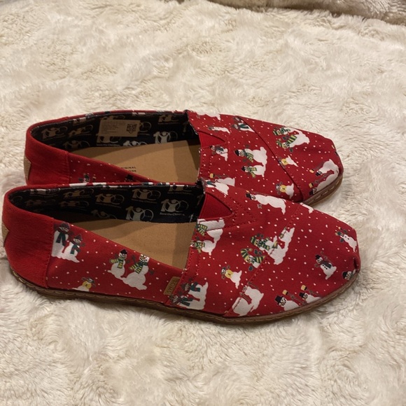 TOMS Christmas espadrilles, red with white snowman and snowflakes size 9.5 - Picture 4 of 8